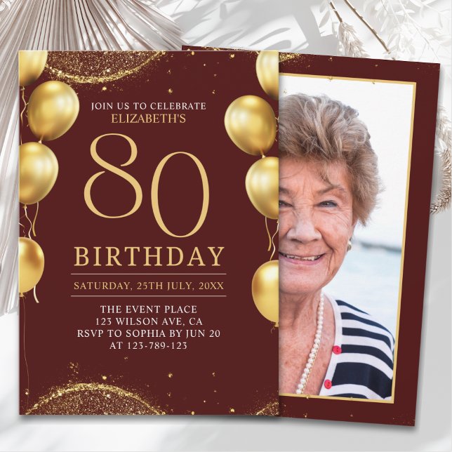  Elegant Gold Glitter Birthday 80th with Ballons Invitation (Creator Uploaded)