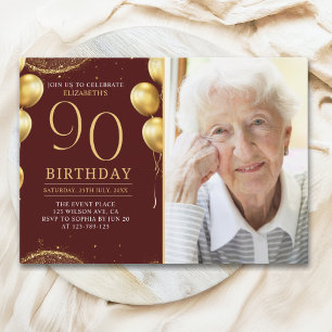 Elegant Gold Glitter Birthday 90th With Photo Invitation