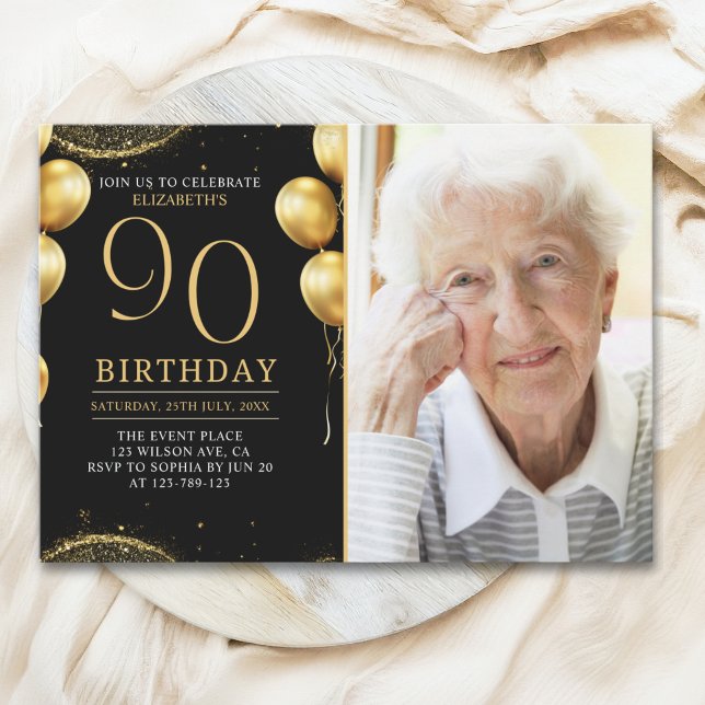 Elegant Gold Glitter Birthday 90th With Photo Invitation (Creator Uploaded)
