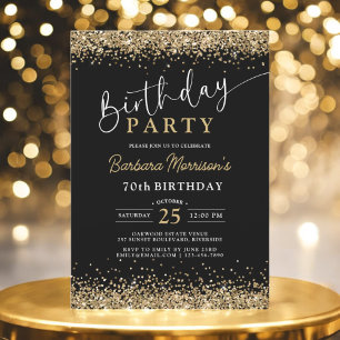 Elegant Gold Glitter Black Birthday Any Age Invitation