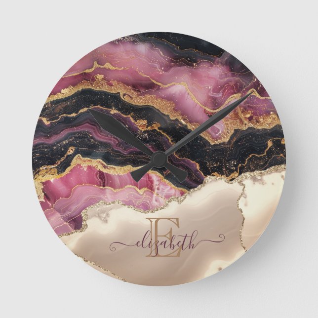 Elegant Gold Glitter Black Burgundy Monogram Round Clock (Front)