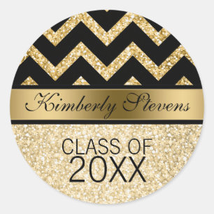 Elegant Gold Glitter Black Chevron-Graduations Classic Round Sticker