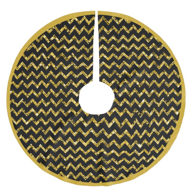 Elegant Gold Glitter Black Chevron Stripe Sparkle Brushed Polyester Tree Skirt (Front)