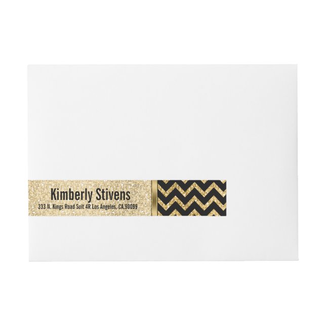 Elegant Gold Glitter & Black Chevron Wraparound Address Label (Front)