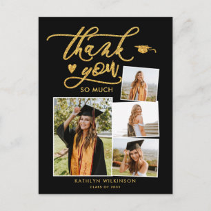 Elegant Gold Glitter Black Graduation Thank You Postcard