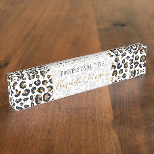 Elegant Gold Glitter Black Leopard Animal Print Nameplate