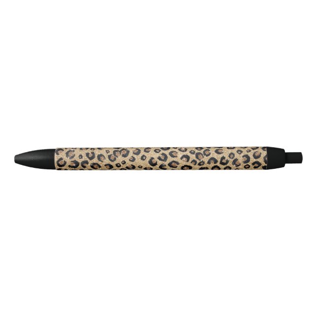 Elegant Gold Glitter Black Leopard Print Black Ink Pen (Front)