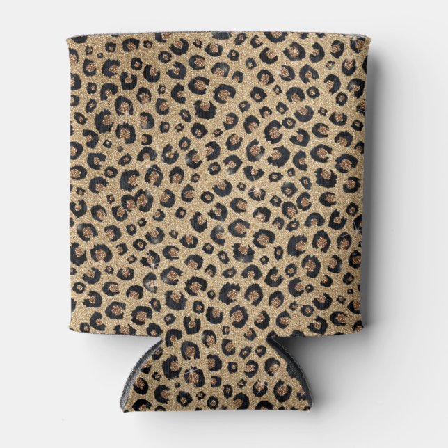 Elegant Gold Glitter Black Leopard Print Can Cooler (Front)