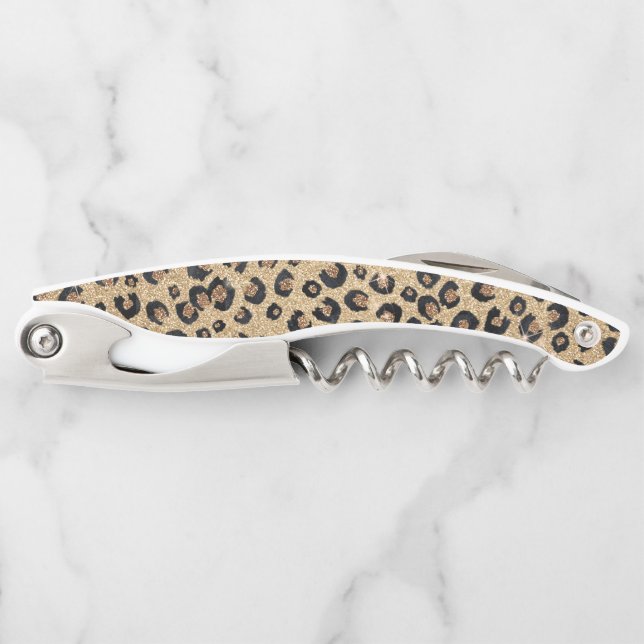 Elegant Gold Glitter Black Leopard Print Corkscrew (Front)