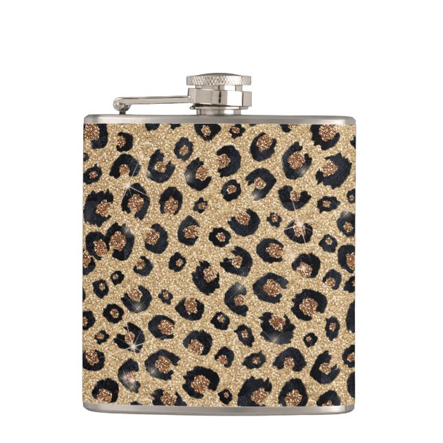 Elegant Gold Glitter Black Leopard Print Hip Flask (Front)