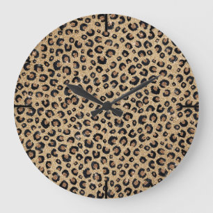 Elegant Gold Glitter Black Leopard Print Large Clock