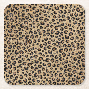 Elegant Gold Glitter Black Leopard Print Square Paper Coaster