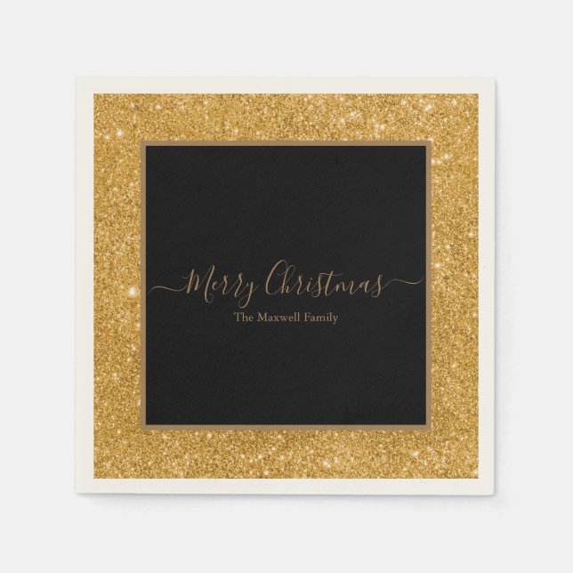 Elegant gold glitter black Merry Christmas name Napkin (Front)