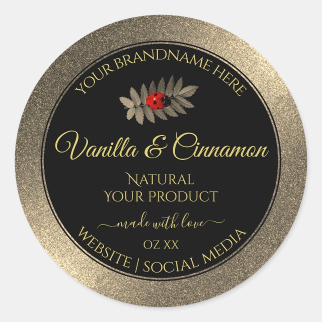 Elegant Gold Glitter Black Product Labels Ladybug (Front)