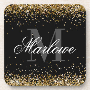 Elegant Gold Glitter Black White Monogram Coaster