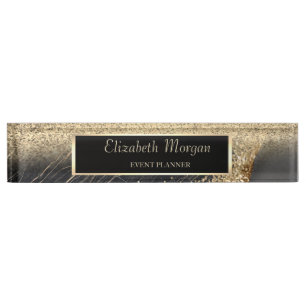 Elegant Gold Glitter Bokeh Black Marble, Frame Nameplate