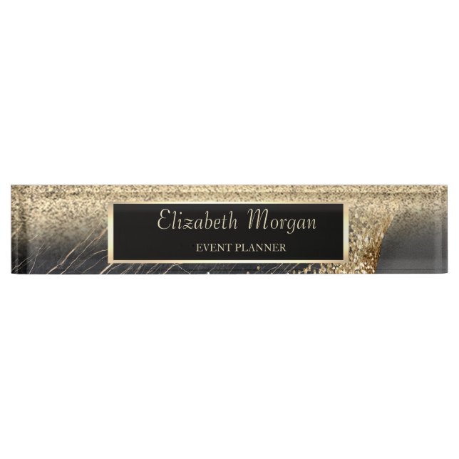Elegant Gold Glitter Bokeh Black Marble, Frame Nameplate (Front)