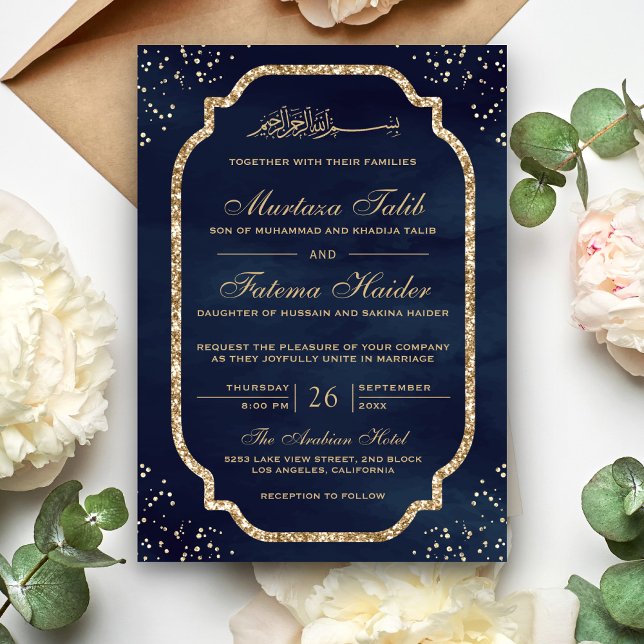 Elegant Gold Glitter Border Navy Muslim Wedding Invitation (Creator Uploaded)