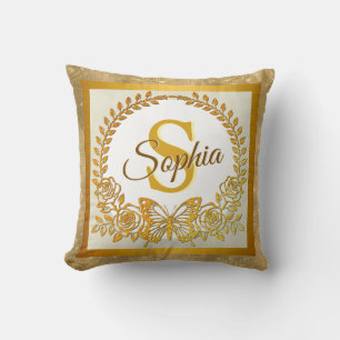 Elegant Gold Glitter Butterfly and Flower Throw Pillow