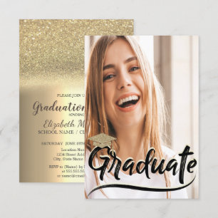 Elegant Gold  Glitter Cap,Photo Graduation Party Invitation