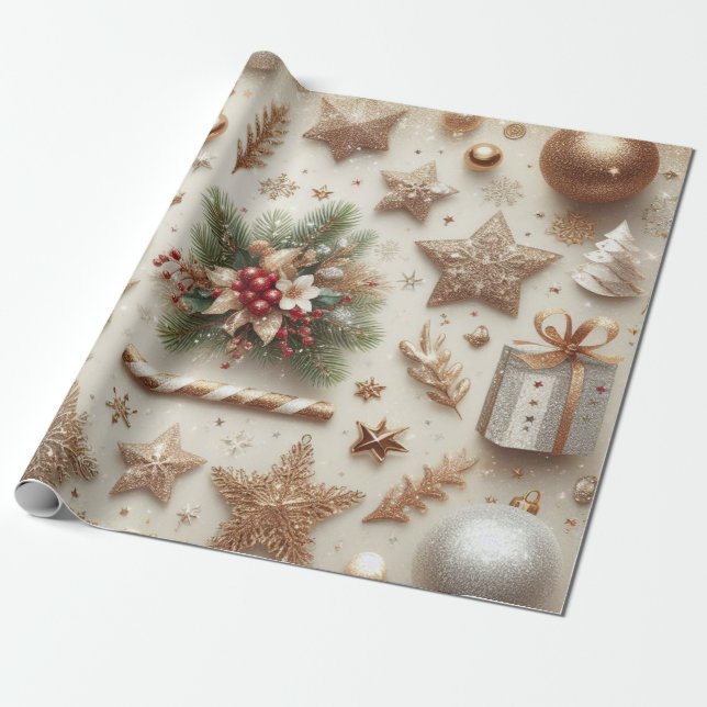 Elegant Gold Glitter Christmas elements Wrapping Paper (Unrolled)