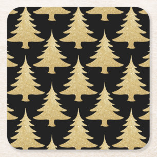 elegant gold glitter Christmas tree pattern black Square Paper Coaster
