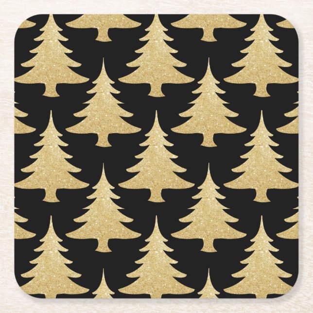 elegant gold glitter Christmas tree pattern black Square Paper Coaster (Front)