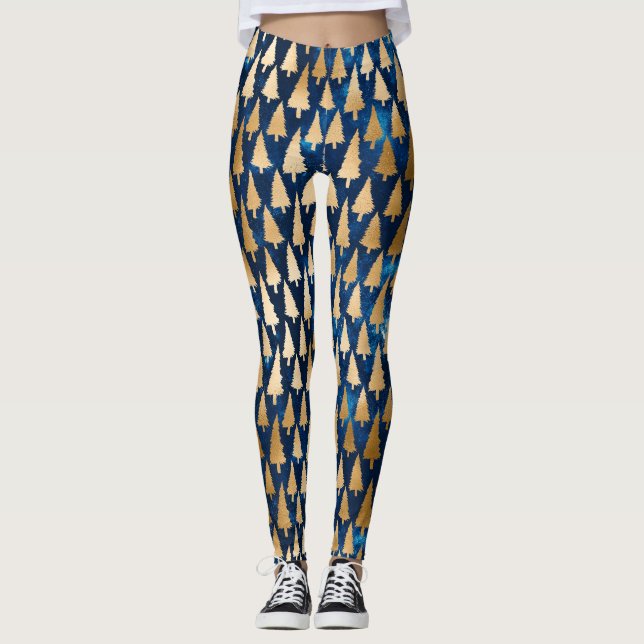 Elegant Gold Glitter Christmas Trees Holiday Yoga Leggings (Front)