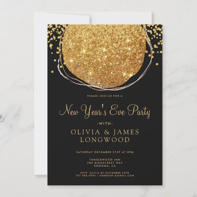 Elegant Gold Glitter Circle Confetti New Year's Ev Invitation (Front)