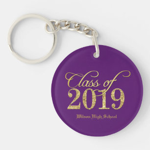Elegant Gold Glitter Class of 2019 on Purple Keychain