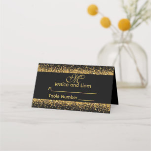 Elegant Gold Glitter Confetti and Black Place Card