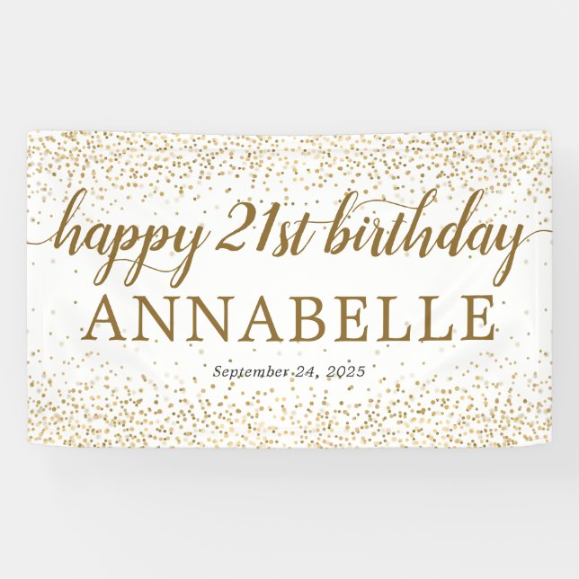 Elegant Gold Glitter Confetti Happy 21st Birthday Banner (Horizontal)