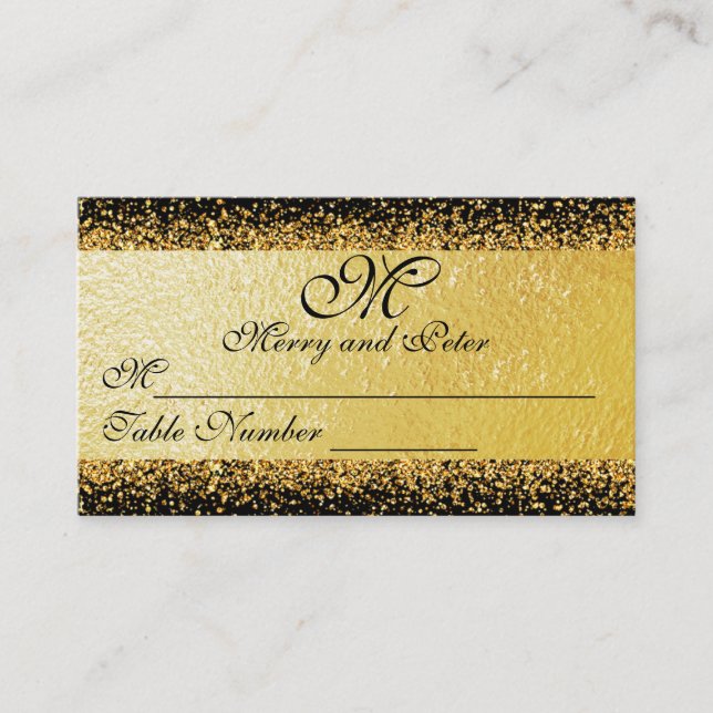 Elegant Gold Glitter Confetti on Black Place Card (Front)