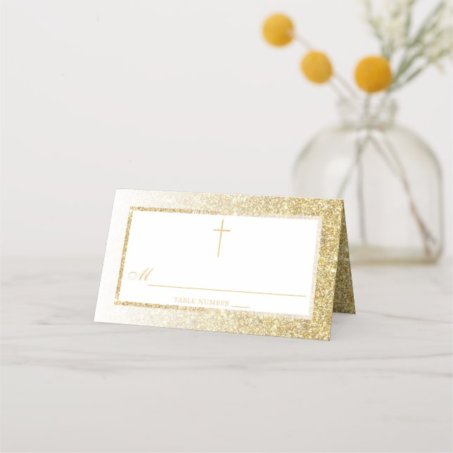 Elegant Gold Glitter Confirmation Or Baptism Place Card (Front)