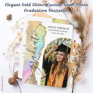 Elegant Gold Glitter Custom Name Photo Graduation Invitation
