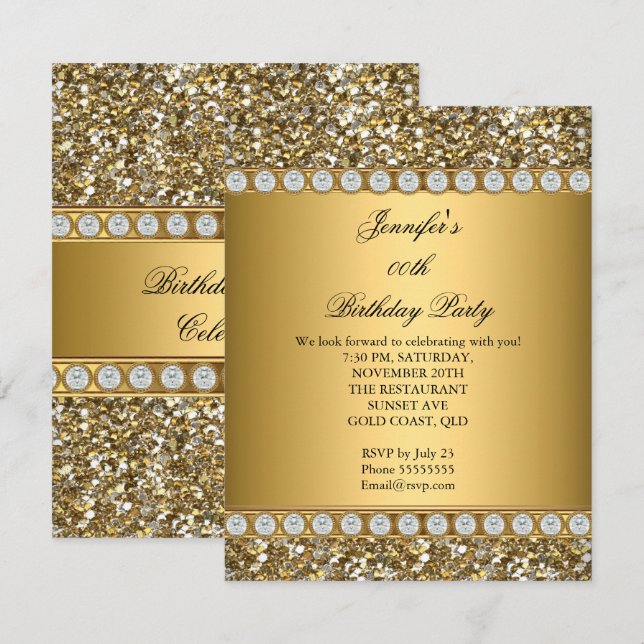 Elegant Gold Glitter Diamond Birthday Party 3 Invitation (Front/Back)