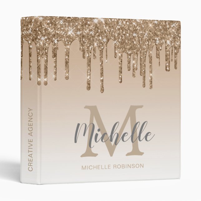 Elegant Gold Glitter Drips Monogrammed Binder (Front/Spine)