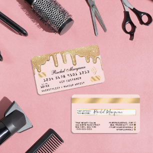 Elegant Gold Glitter Drips Pink Credit Business Card