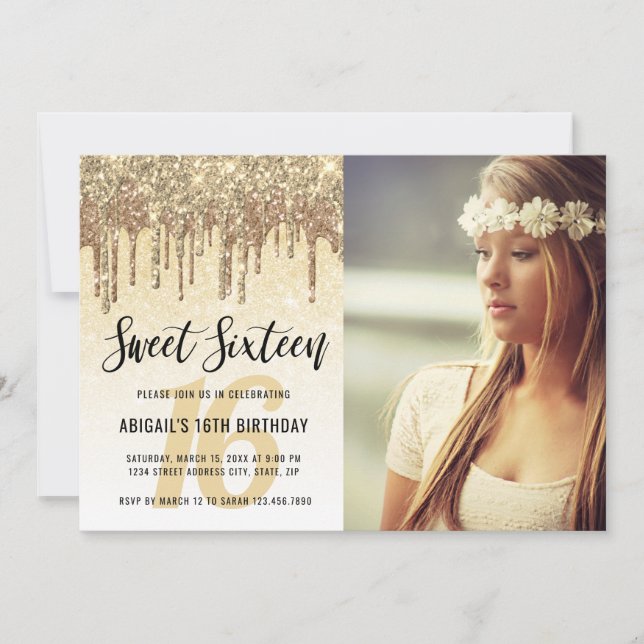 Elegant gold glitter drips sweet sixteen  invitation (Front)
