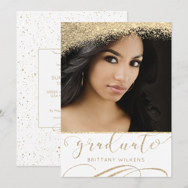 Elegant Gold Glitter Dust Script Graduate Invitation (Front/Back)
