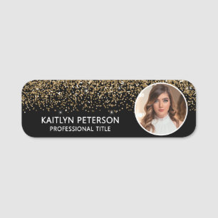 Elegant Gold Glitter Employee Photo ID Black Name Tag