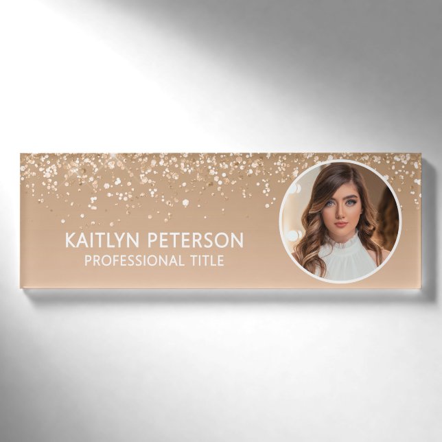 Elegant Gold Glitter Employee Photo ID Name Tag (Front)