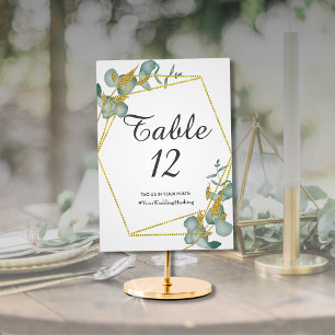Elegant Gold Glitter Eucalyptus Greenery Hashtag Table Number