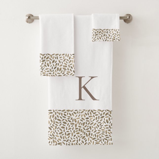 Elegant Gold Glitter Feathers on White Monogram Bath Towel Set (Insitu)