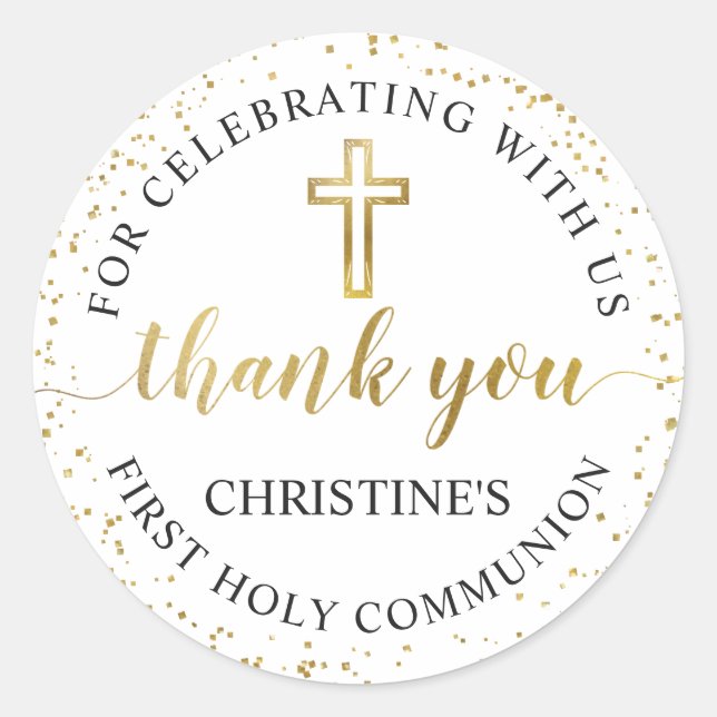 Elegant Gold Glitter First Communion Thank You Classic Round Sticker (Front)