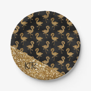 Elegant Gold Glitter Flamingo Pattern Initials Paper Plate