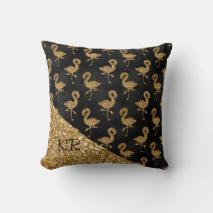 Elegant Gold Glitter Flamingo Pattern Monogrammed Throw Pillow
