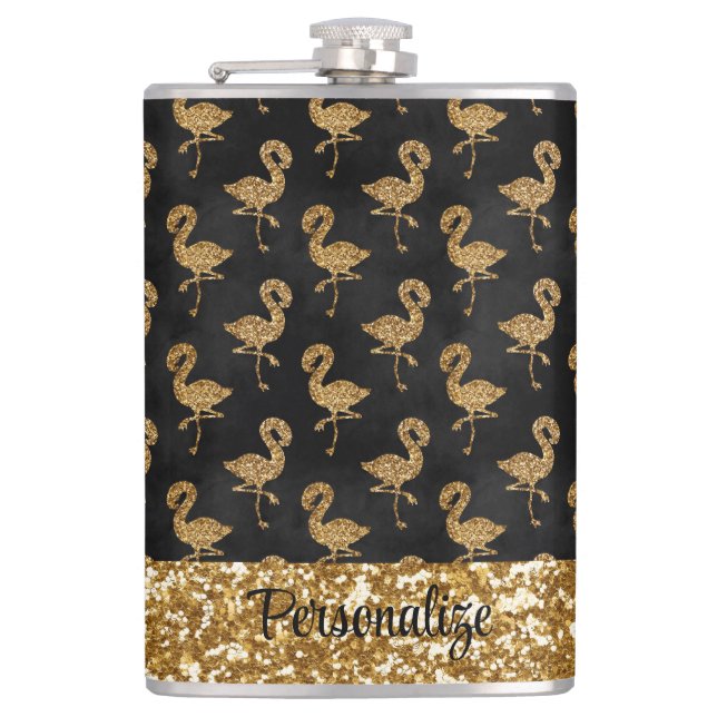 Elegant Gold Glitter Flamingo Sparkle Personalized Hip Flask (Front)
