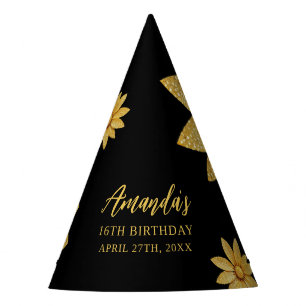 Elegant Gold Glitter Flower Sweet 16 Birthday Party Hat