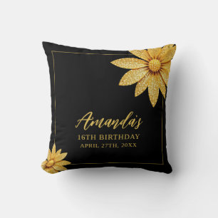 Elegant Gold Glitter Flower Sweet 16 Birthday Throw Pillow
